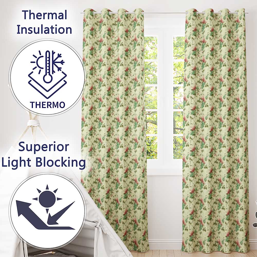 Dark Teal Floral Vine with Yellow Leaves Seamless Pattern  Readymade Eyelet Ring Top Thermal 100% Blackout Curtains