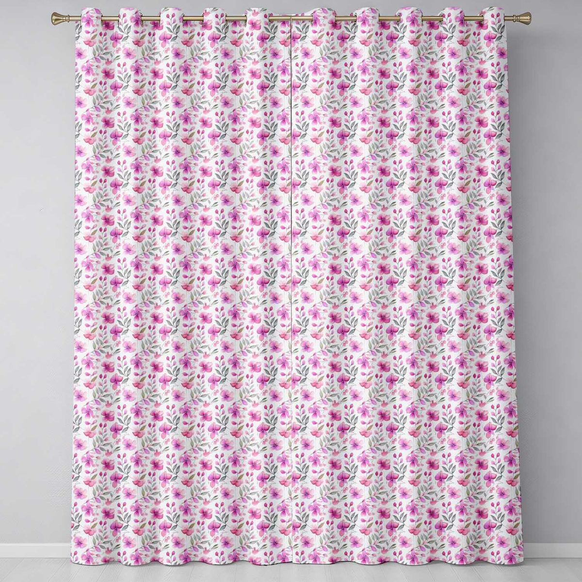 Delicate Pink Watercolor Flowers and Leaves Seamless Pattern  Readymade Eyelet Ring Top Thermal 100% Blackout Curtains
