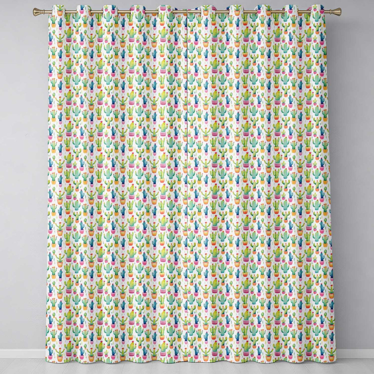 Colourful Watercolor Cactus Pots Fun Seamless Pattern  Readymade Eyelet Ring Top Thermal 100% Blackout Curtains