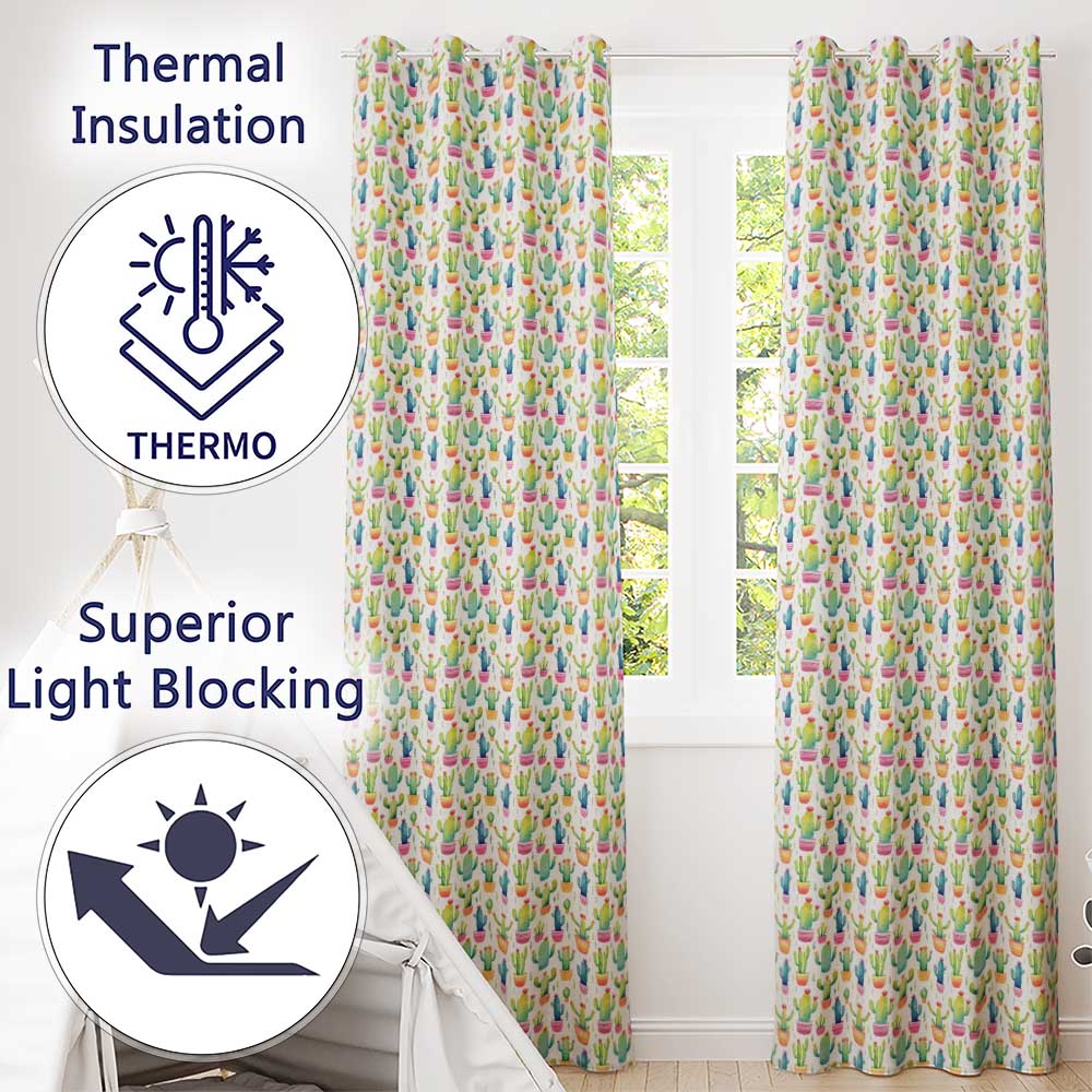 Colourful Watercolor Cactus Pots Fun Seamless Pattern  Readymade Eyelet Ring Top Thermal 100% Blackout Curtains