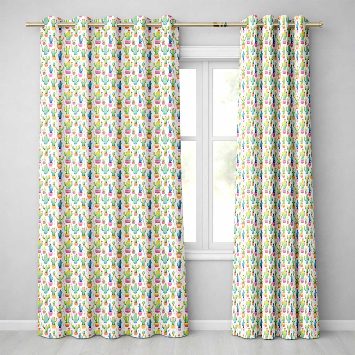 Colourful Watercolor Cactus Pots Fun Seamless Pattern  Readymade Eyelet Ring Top Thermal 100% Blackout Curtains