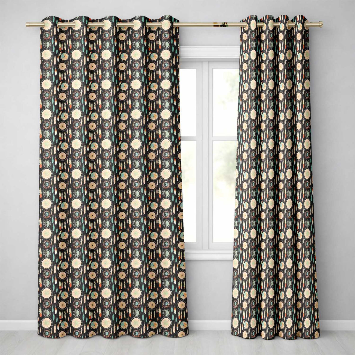 Dark Tribal Dreamcatcher Feathers Boho Seamless Pattern  Readymade Eyelet Ring Top Thermal 100% Blackout Curtains