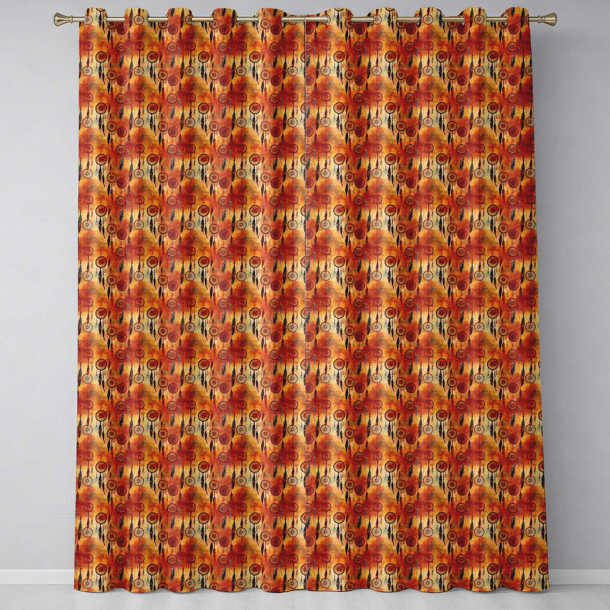 Autumn Dreamcatcher Feathers Warm Orange Seamless Pattern  Readymade Eyelet Ring Top Thermal 100% Blackout Curtains