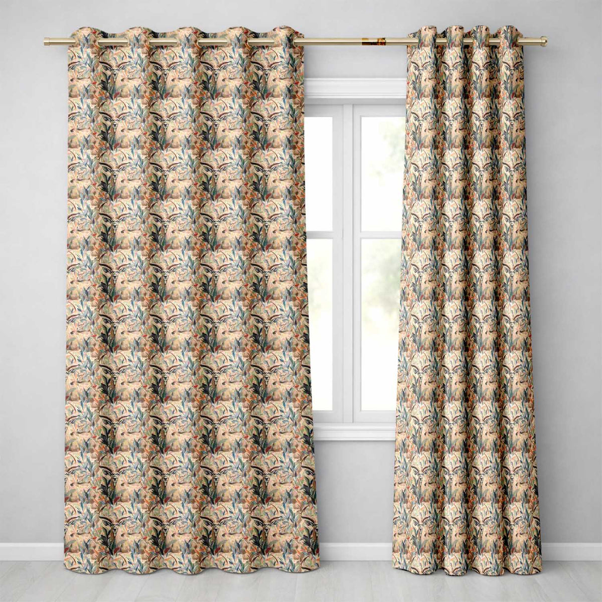 Artistic Antelope in Jungle Leaves Warm Earth Tone Seamless Pattern  Readymade Eyelet Ring Top Thermal 100% Blackout Curtains