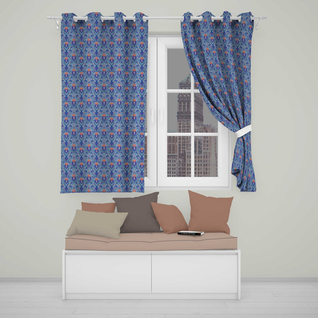 Ornate Damask Deer with Floral Motifs Blue Background Seamless Pattern  Readymade Eyelet Ring Top Thermal 100% Blackout Curtains