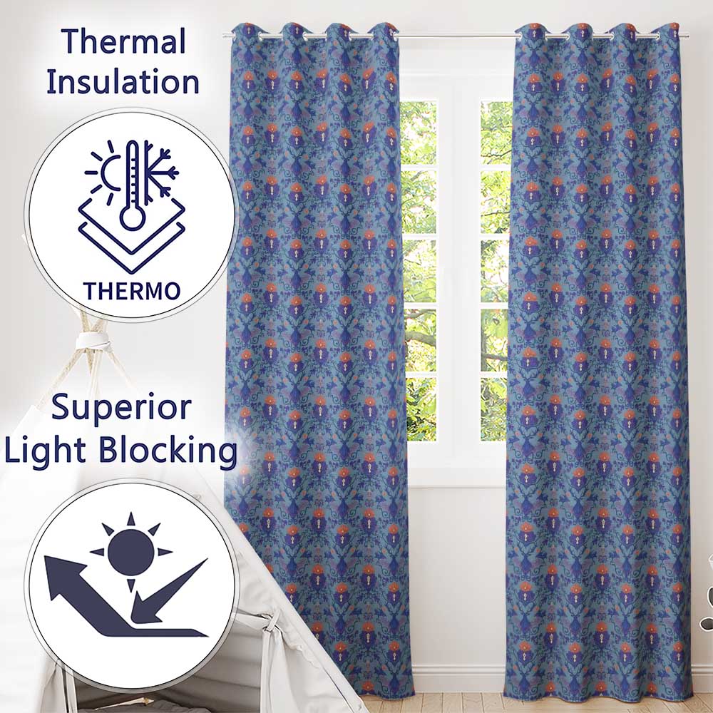Ornate Damask Deer with Floral Motifs Blue Background Seamless Pattern  Readymade Eyelet Ring Top Thermal 100% Blackout Curtains