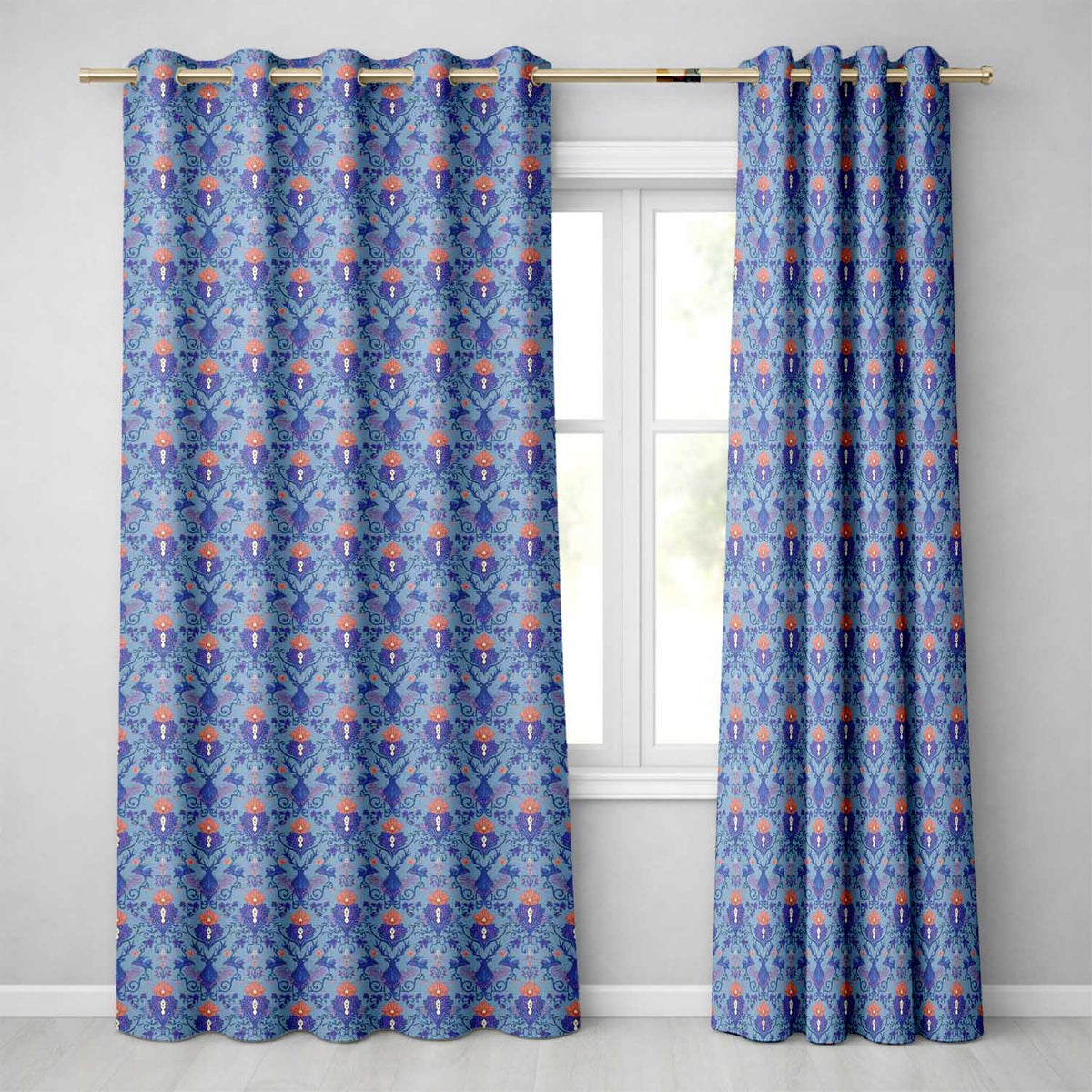 Ornate Damask Deer with Floral Motifs Blue Background Seamless Pattern  Readymade Eyelet Ring Top Thermal 100% Blackout Curtains