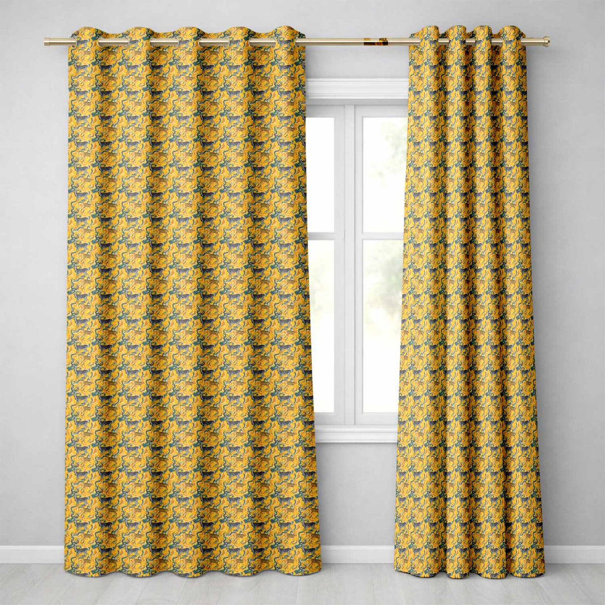 Abstract Antelope with Flowing Waves Golden Background Seamless Pattern  Readymade Eyelet Ring Top Thermal 100% Blackout Curtains
