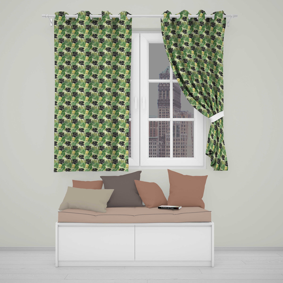 Lush Botanical Monstera and Palm Leaves on Light Background Seamless  Readymade Eyelet Ring Top Thermal 100% Blackout Curtains