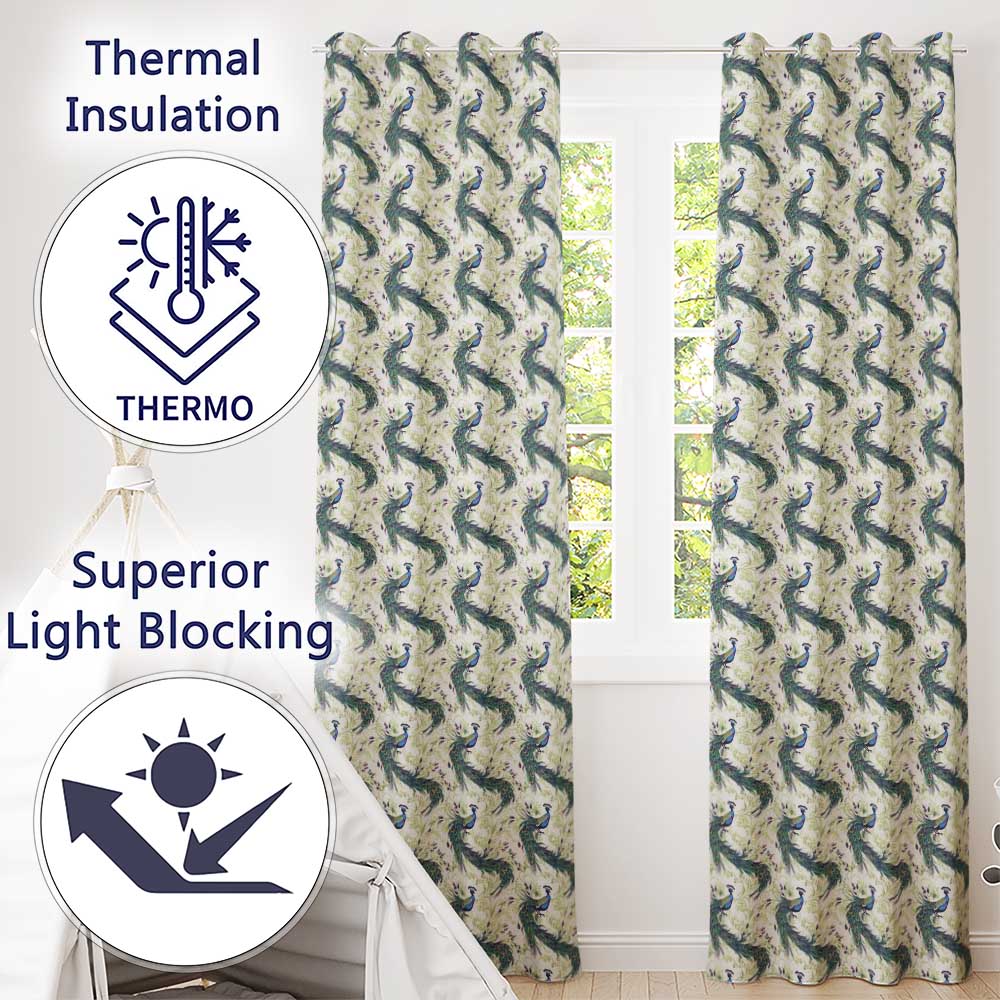 Ornate Peacock Birds with Decorative Floral Swirls Seamless Pattern  Readymade Eyelet Ring Top Thermal 100% Blackout Curtains