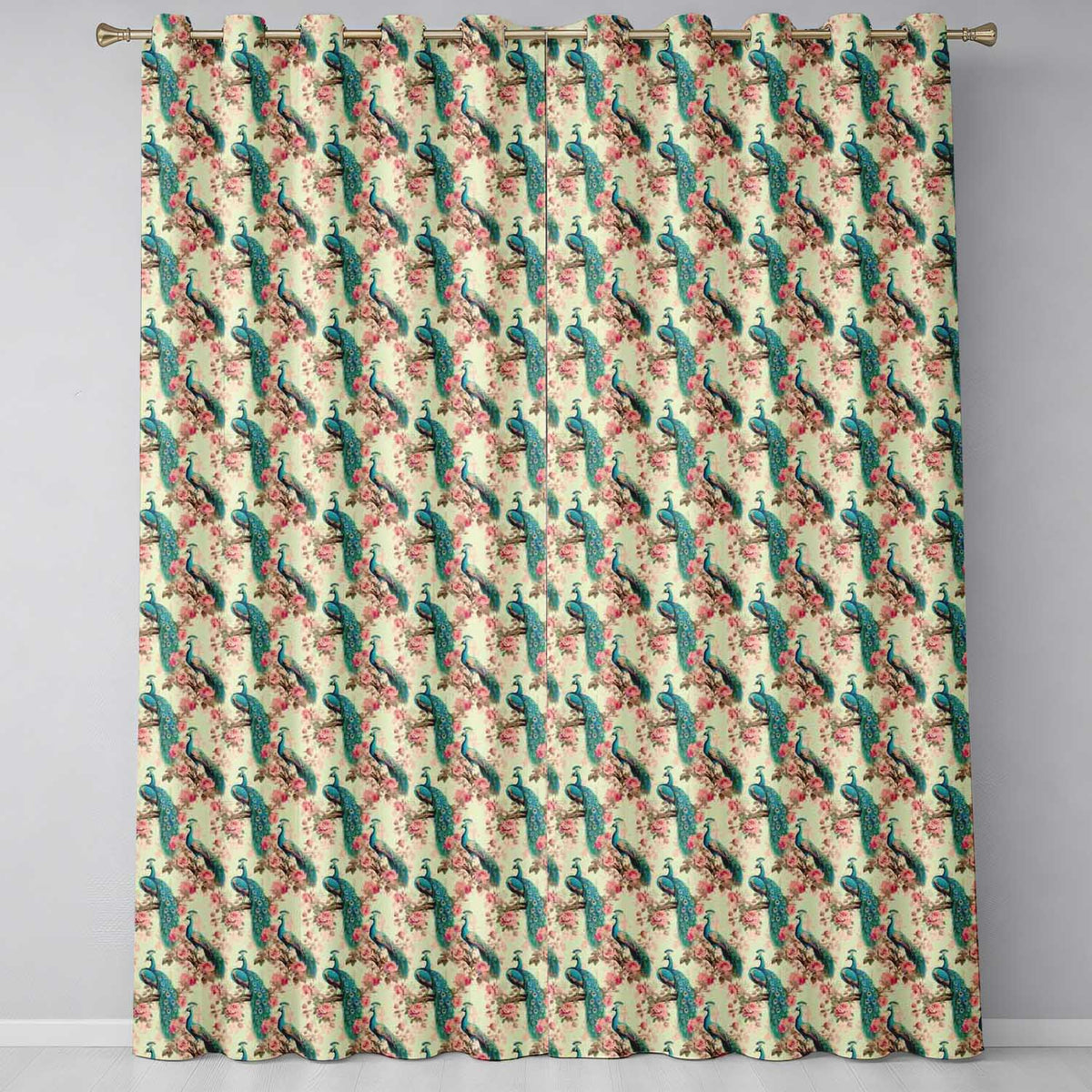 Vintage Peacock Birds with Pink Floral Garden Seamless Pattern  Readymade Eyelet Ring Top Thermal 100% Blackout Curtains