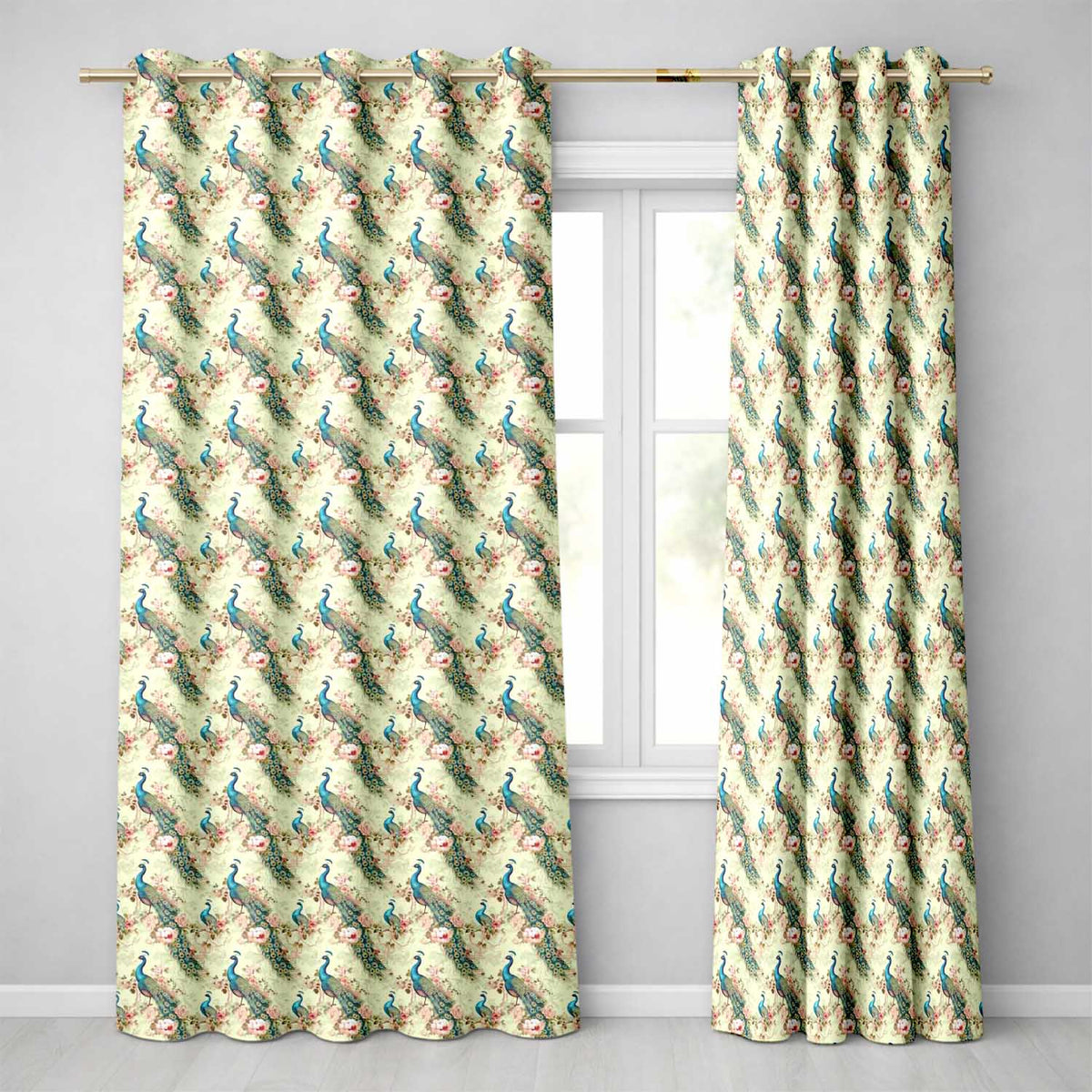 Vintage Peacock Birds with Pink Roses Floral Garden Seamless Pattern  Readymade Eyelet Ring Top Thermal 100% Blackout Curtains