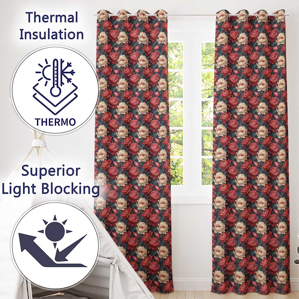 Rich Red and Cream Peony Flowers on Dark Navy Background Seamless Pattern  Readymade Eyelet Ring Top Thermal 100% Blackout Curtains