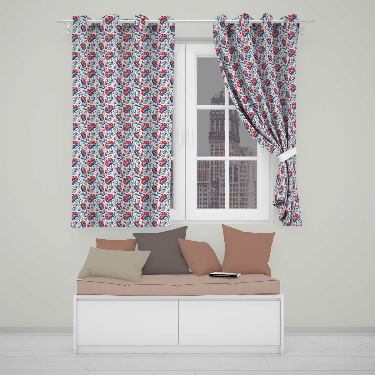 Vintage Red and Blue Floral Blossom with Soft Beige Background Seamless Pattern  Readymade Eyelet Ring Top Thermal 100% Blackout Curtains