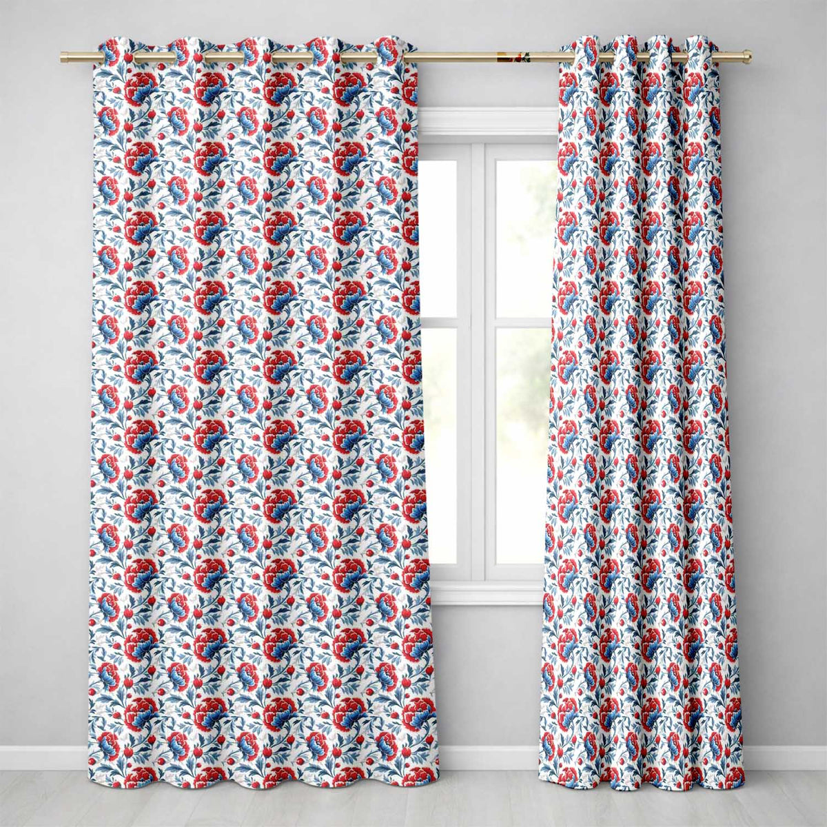 Vintage Red and Blue Floral Blossom with Soft Beige Background Seamless Pattern  Readymade Eyelet Ring Top Thermal 100% Blackout Curtains
