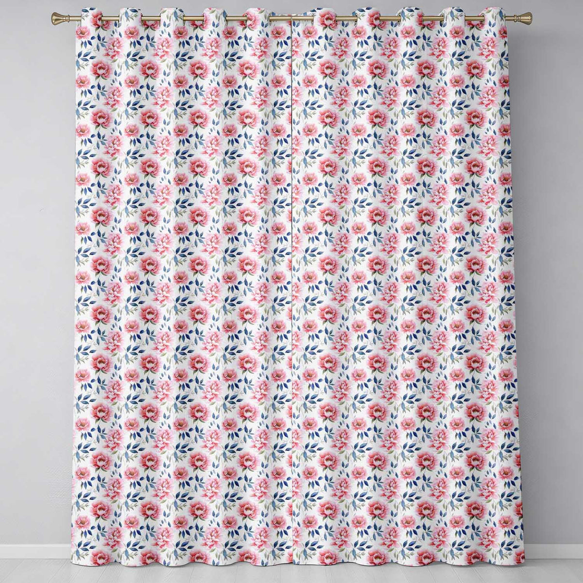 Soft Pink Watercolor Peony Flowers with Blue Leaves Seamless Pattern  Readymade Eyelet Ring Top Thermal 100% Blackout Curtains