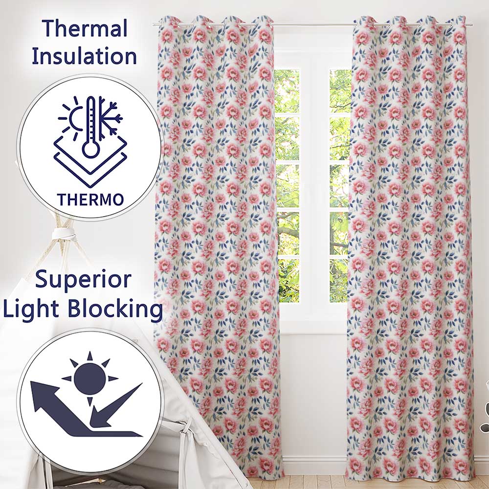 Soft Pink Watercolor Peony Flowers with Blue Leaves Seamless Pattern  Readymade Eyelet Ring Top Thermal 100% Blackout Curtains