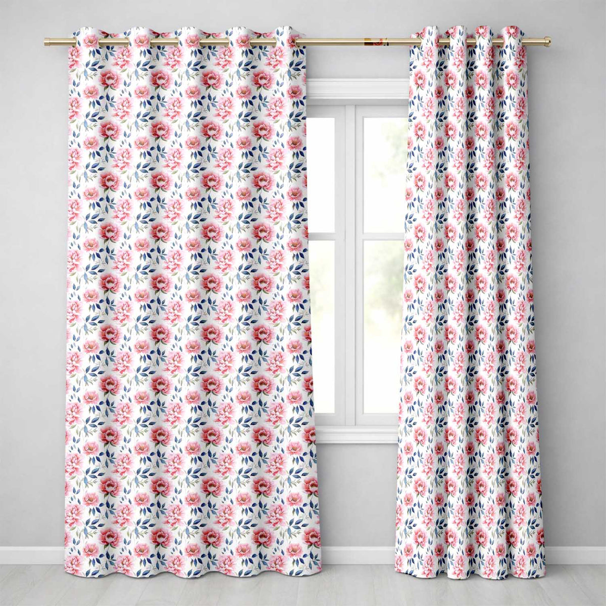 Soft Pink Watercolor Peony Flowers with Blue Leaves Seamless Pattern  Readymade Eyelet Ring Top Thermal 100% Blackout Curtains