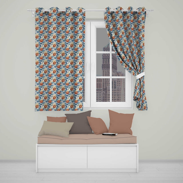 Red Floral Blossoms with Blue Leaves Vintage Style Seamless Pattern  Readymade Eyelet Ring Top Thermal 100% Blackout Curtains