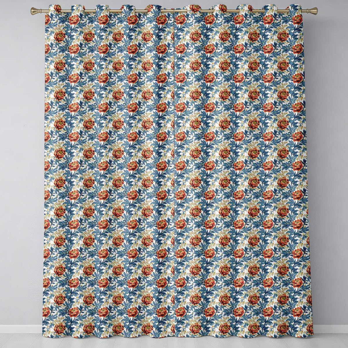 Red Floral Blossoms with Blue Leaves Vintage Style Seamless Pattern  Readymade Eyelet Ring Top Thermal 100% Blackout Curtains