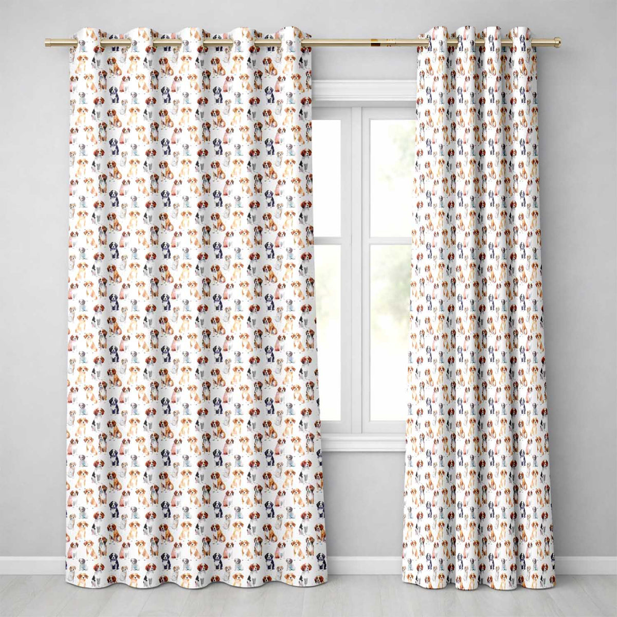 Cute Watercolor Puppy Dogs on White Background Seamless Pattern  Readymade Eyelet Ring Top Thermal 100% Blackout Curtains