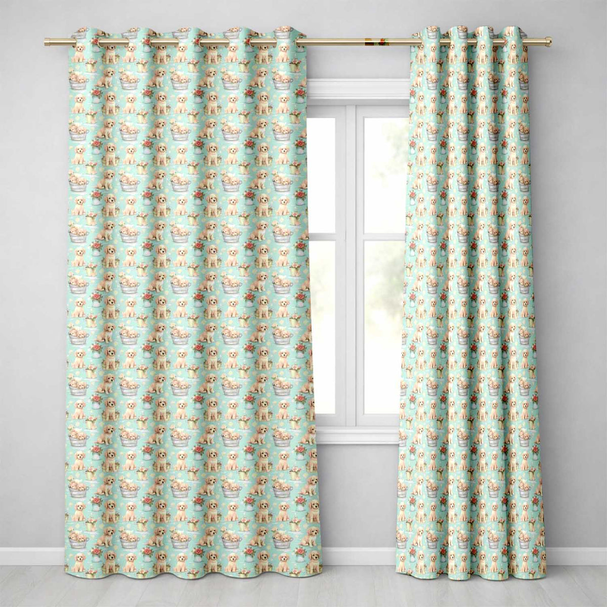 Cute Golden Retriever Puppies with Vintage Buckets Seamless Pattern  Readymade Eyelet Ring Top Thermal 100% Blackout Curtains