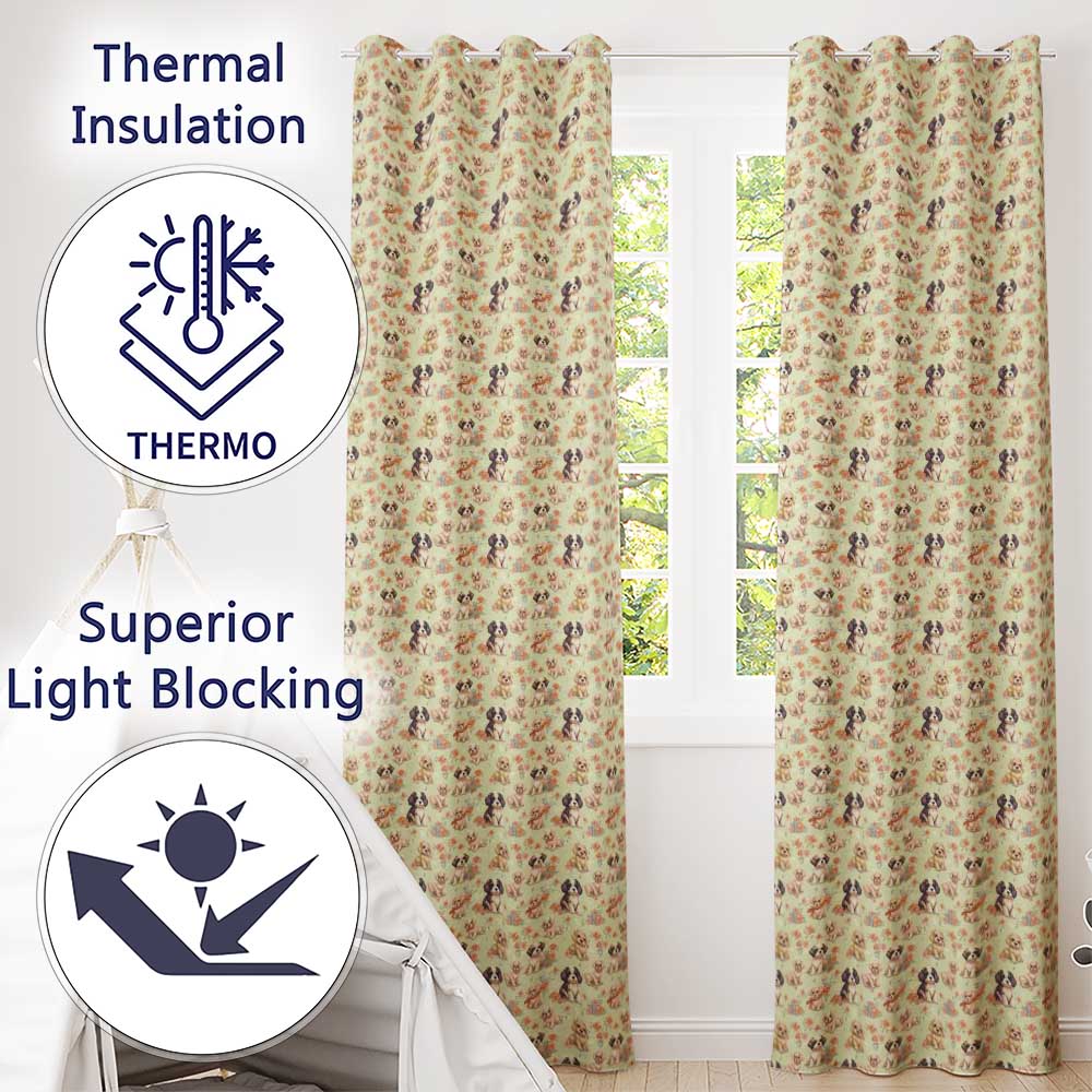 Cute Mixed Breed Puppies with Floral Accents Beige Seamless Pattern  Readymade Eyelet Ring Top Thermal 100% Blackout Curtains