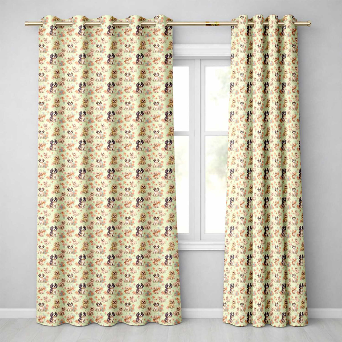 Cute Mixed Breed Puppies with Floral Accents Beige Seamless Pattern  Readymade Eyelet Ring Top Thermal 100% Blackout Curtains