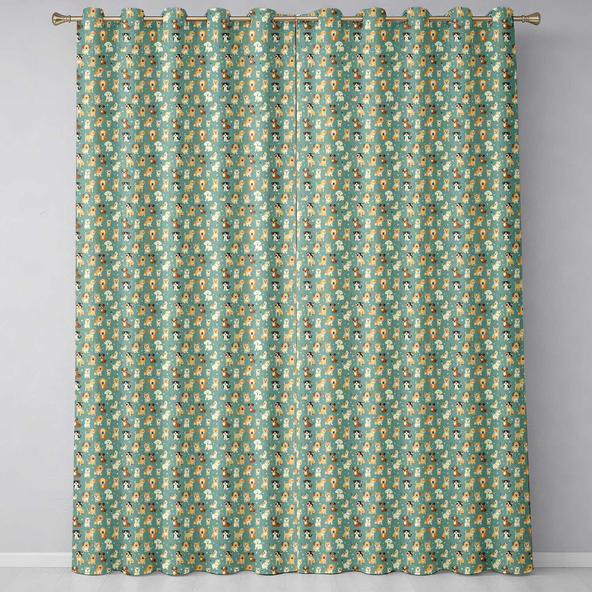 Cute Cartoon Puppy Dogs with Hearts Teal Background Seamless Pattern  Readymade Eyelet Ring Top Thermal 100% Blackout Curtains