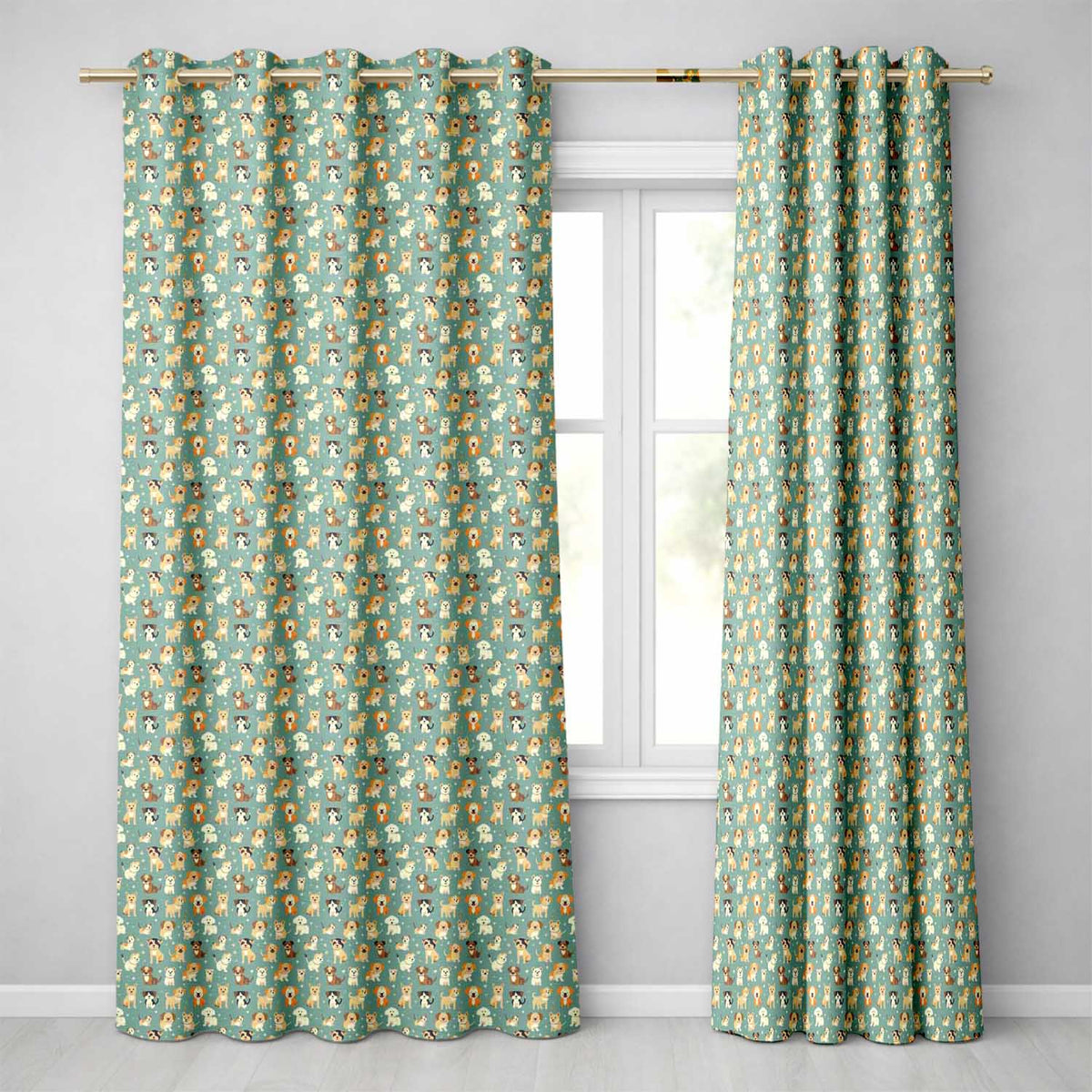 Cute Cartoon Puppy Dogs with Hearts Teal Background Seamless Pattern  Readymade Eyelet Ring Top Thermal 100% Blackout Curtains