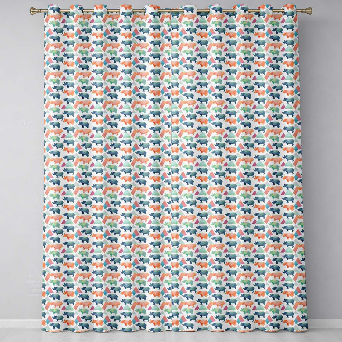 Colorful Geometric Rhino Shapes Seamless Pattern  Readymade Eyelet Ring Top Thermal 100% Blackout Curtains