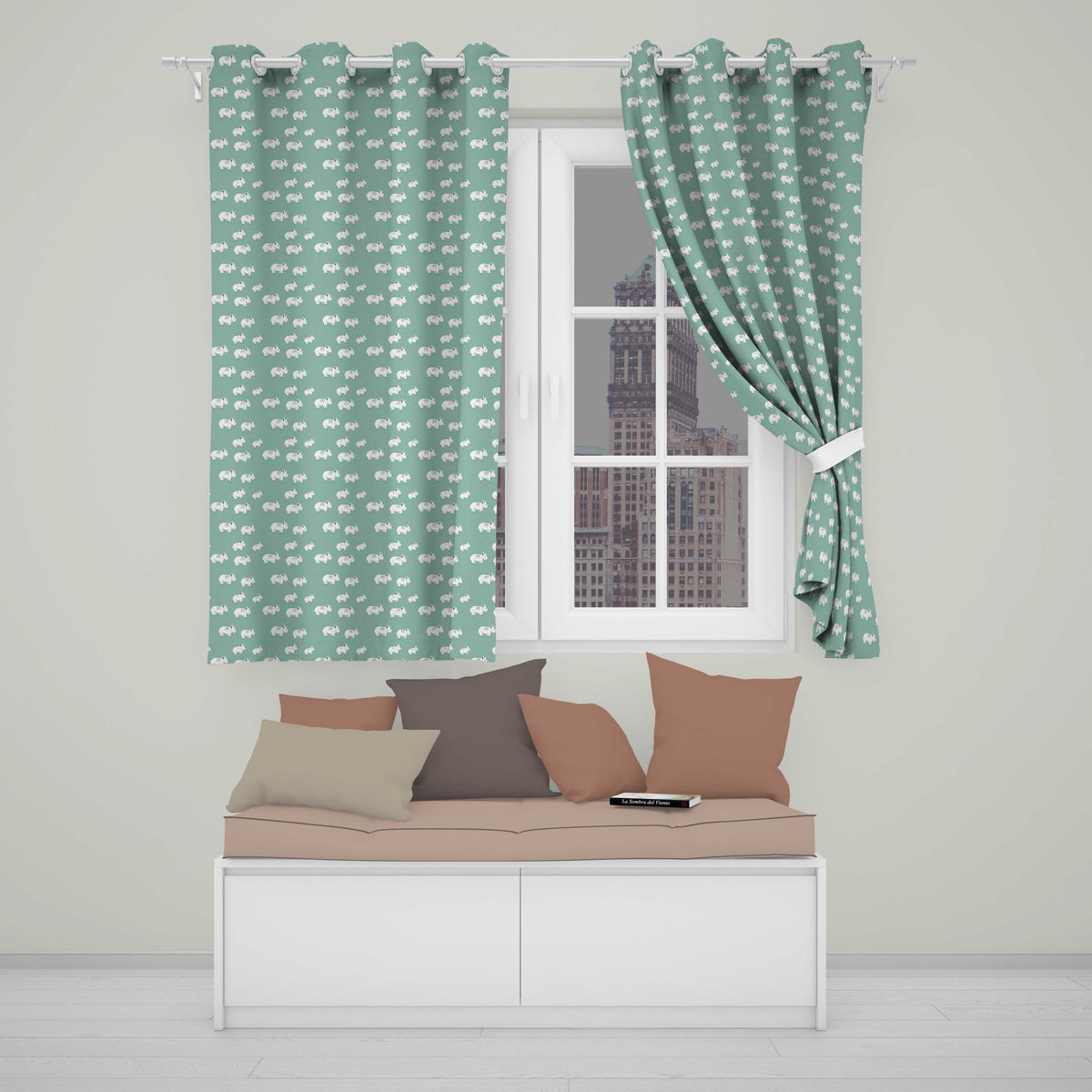 Minimal White Rhino  on Teal Background Seamless Pattern  Readymade Eyelet Ring Top Thermal 100% Blackout Curtains