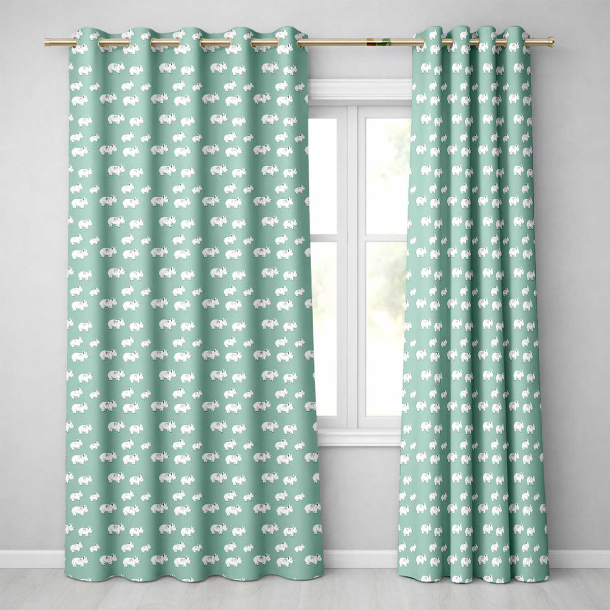 Minimal White Rhino  on Teal Background Seamless Pattern  Readymade Eyelet Ring Top Thermal 100% Blackout Curtains