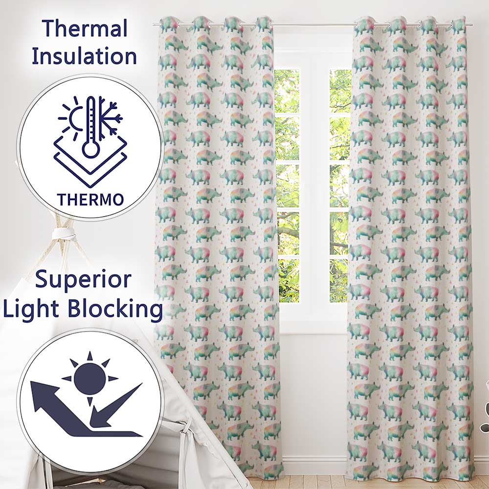 Pastel Watercolor Rhino with Colorful Triangle Background Seamless Pattern  Readymade Eyelet Ring Top Thermal 100% Blackout Curtains