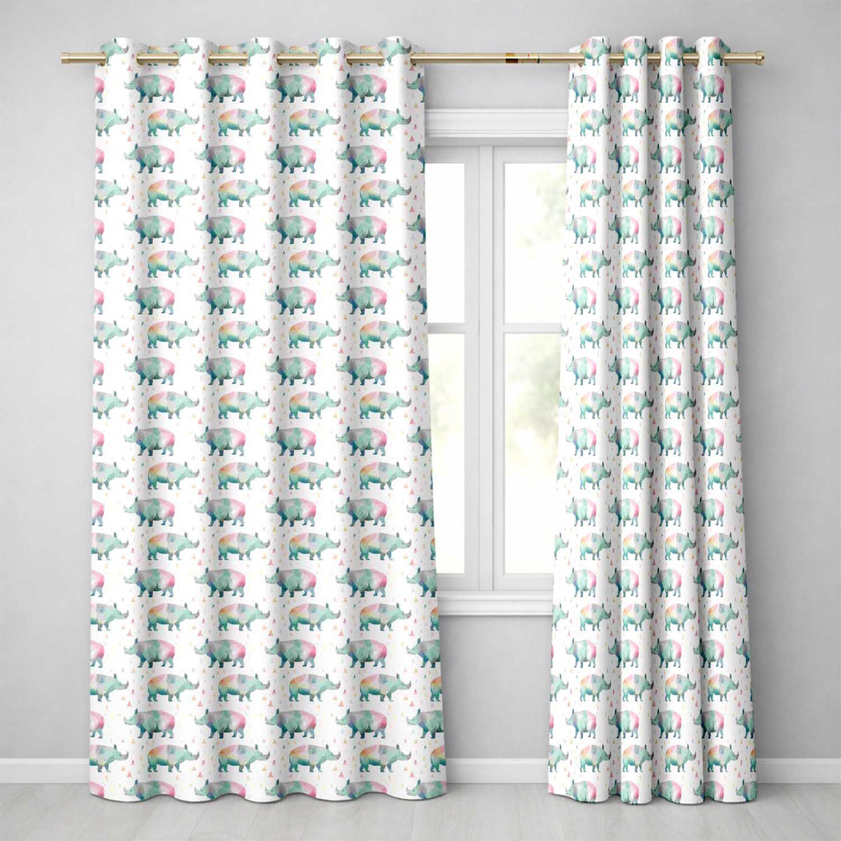 Pastel Watercolor Rhino with Colorful Triangle Background Seamless Pattern  Readymade Eyelet Ring Top Thermal 100% Blackout Curtains