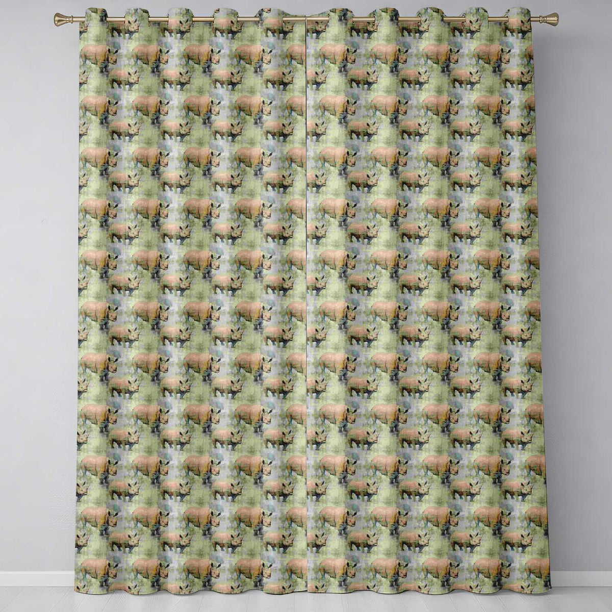 Vintage Textured Rhino Illustration in Earthy Tones Seamless Pattern  Readymade Eyelet Ring Top Thermal 100% Blackout Curtains