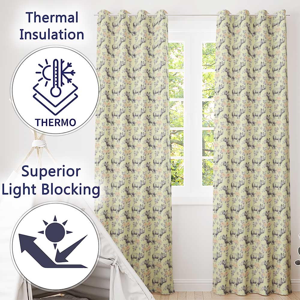 Classic Rhino Sketch with Floral Rose Details Seamless Pattern  Readymade Eyelet Ring Top Thermal 100% Blackout Curtains