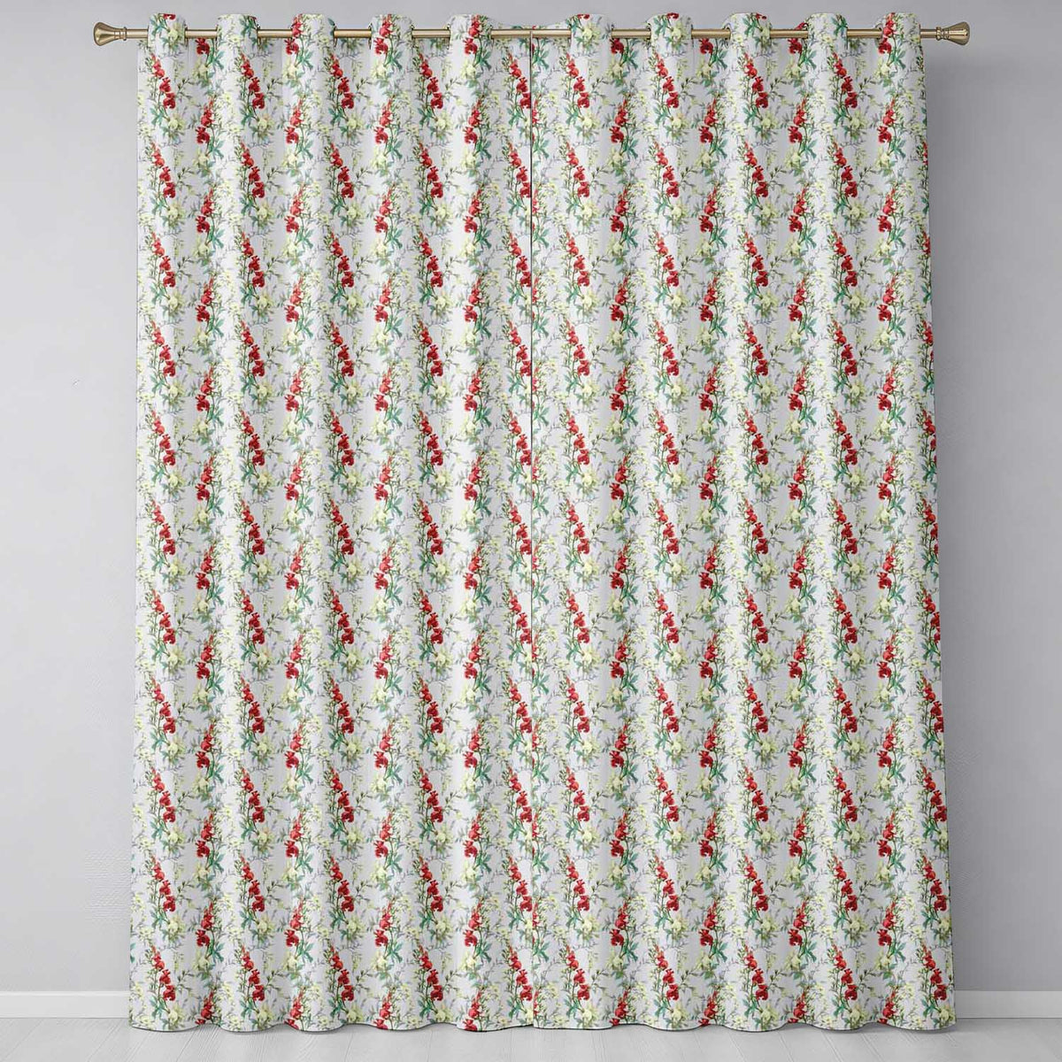 Vintage Red and Cream Floral Vines on Pastel Blue Seamless Pattern  Readymade Eyelet Ring Top Thermal 100% Blackout Curtains