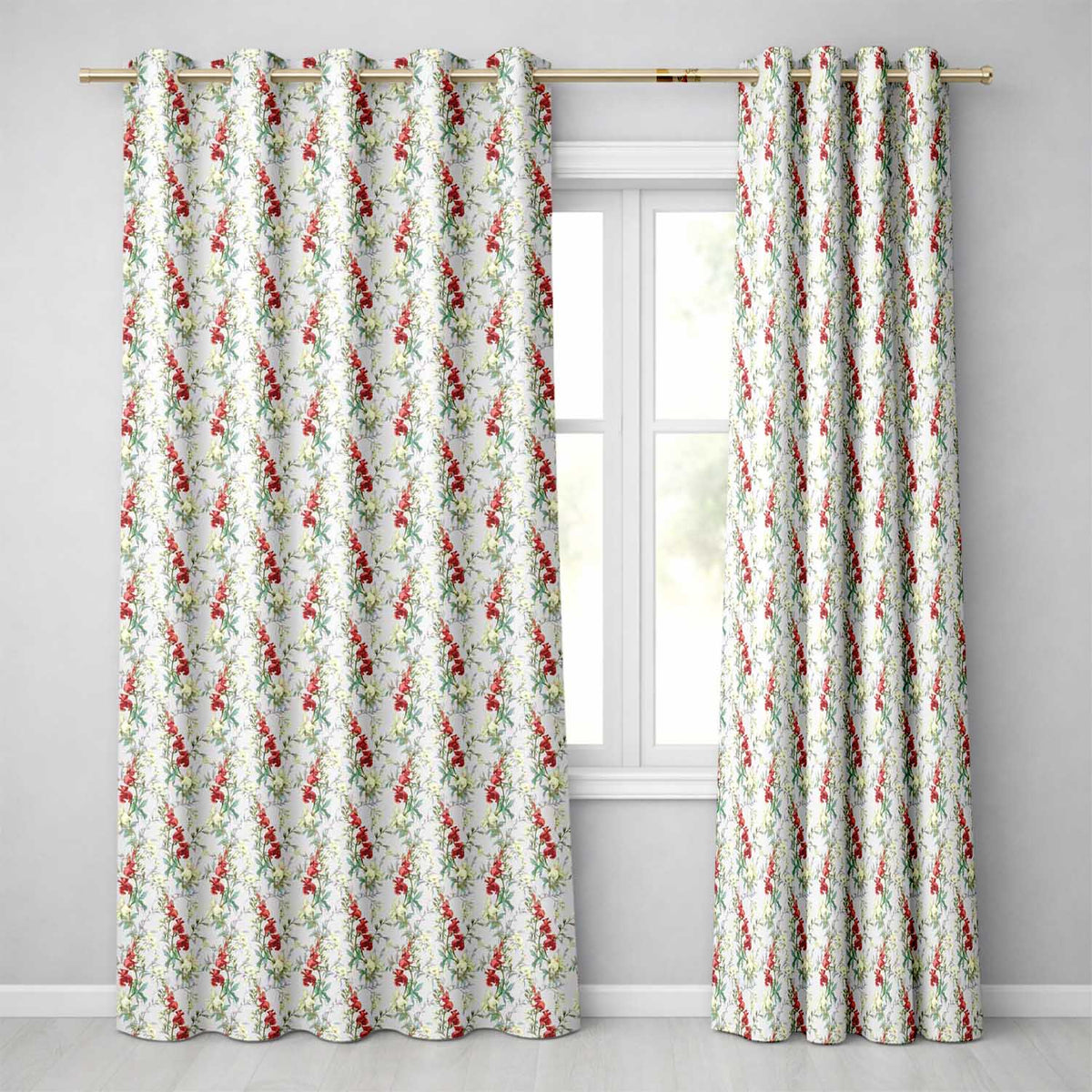 Vintage Red and Cream Floral Vines on Pastel Blue Seamless Pattern  Readymade Eyelet Ring Top Thermal 100% Blackout Curtains