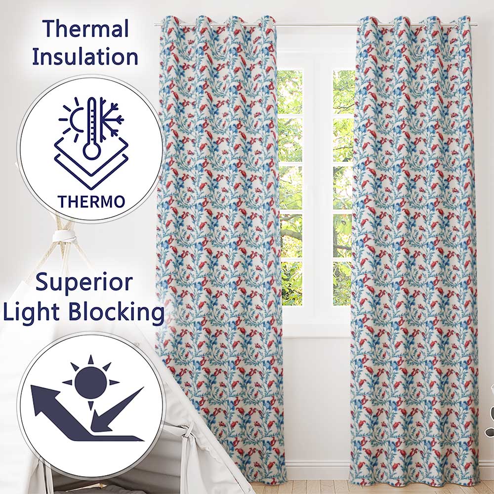 Elegant Blue Floral Vines with Red Accents Seamless Pattern  Readymade Eyelet Ring Top Thermal 100% Blackout Curtains