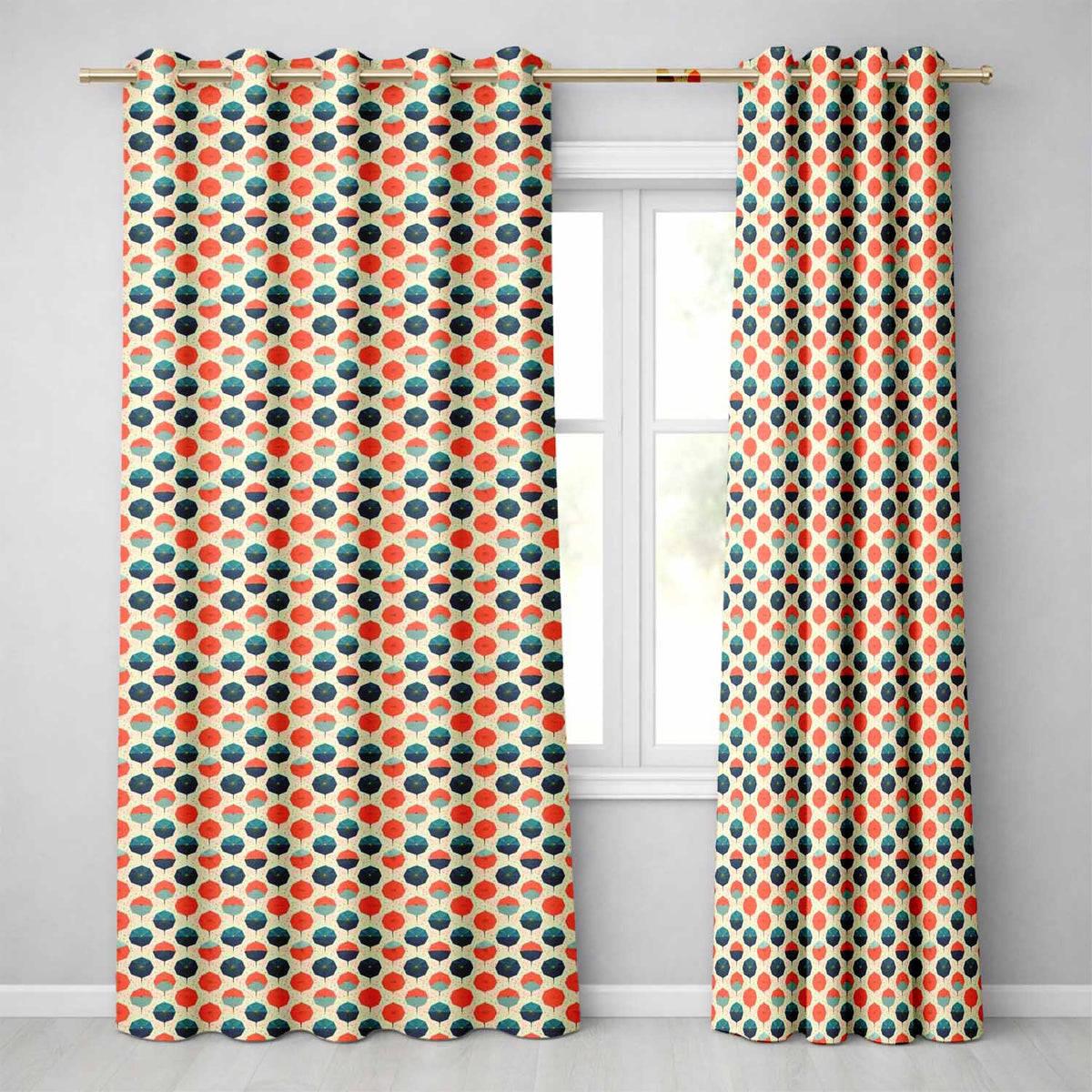 Geometric  Umbrella Pattern in Coral and Teal Seamless Pattern  Readymade Eyelet Ring Top Thermal 100% Blackout Curtains