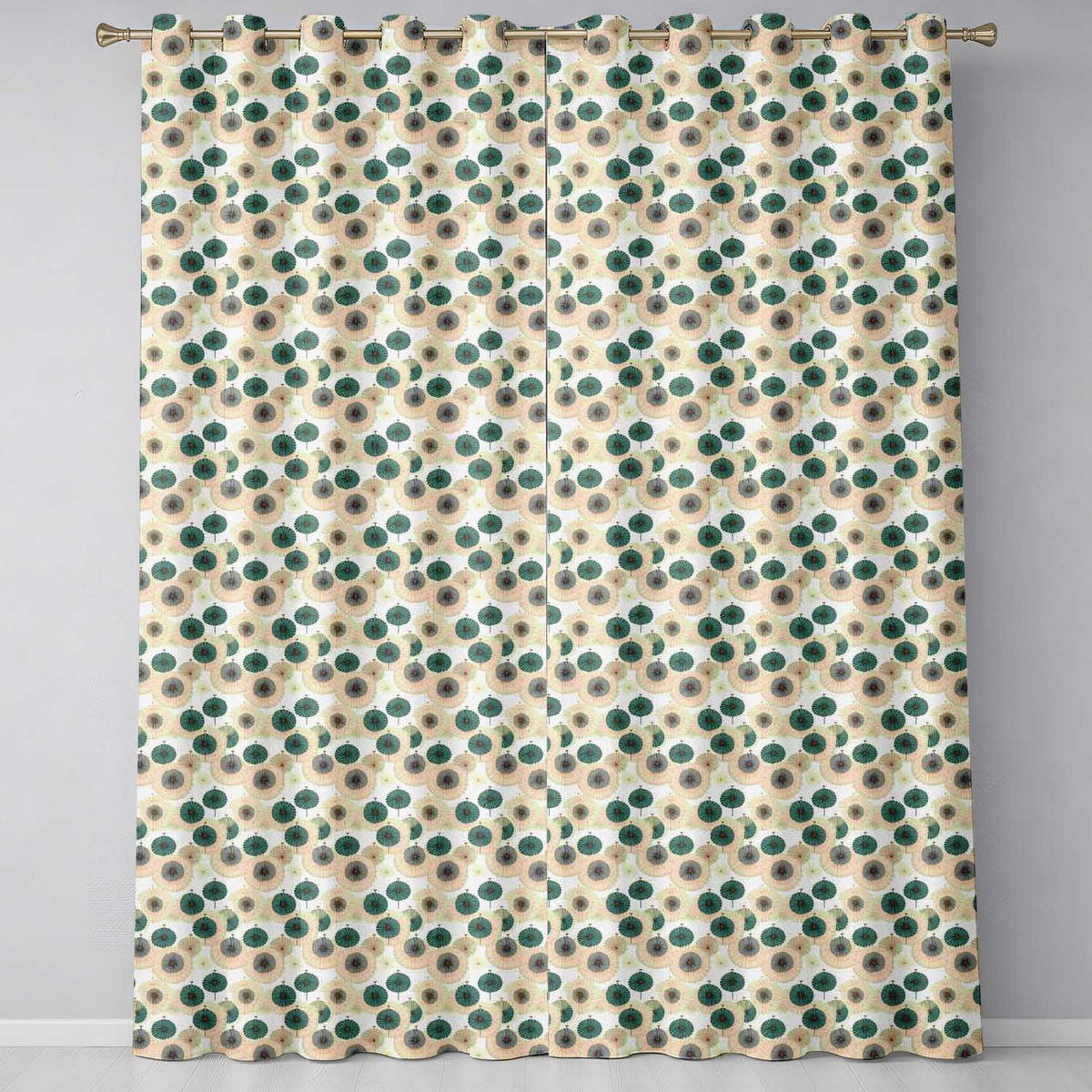 Vintage Paper Parasol Circles in Teal and Beige Seamless Pattern  Readymade Eyelet Ring Top Thermal 100% Blackout Curtains