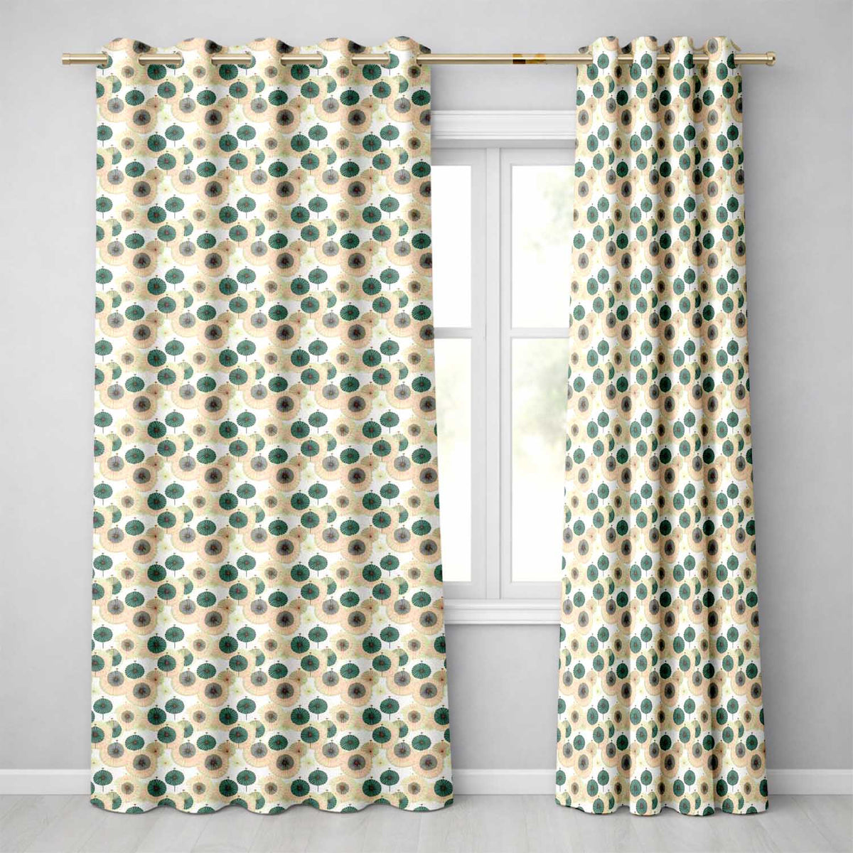 Vintage Paper Parasol Circles in Teal and Beige Seamless Pattern  Readymade Eyelet Ring Top Thermal 100% Blackout Curtains