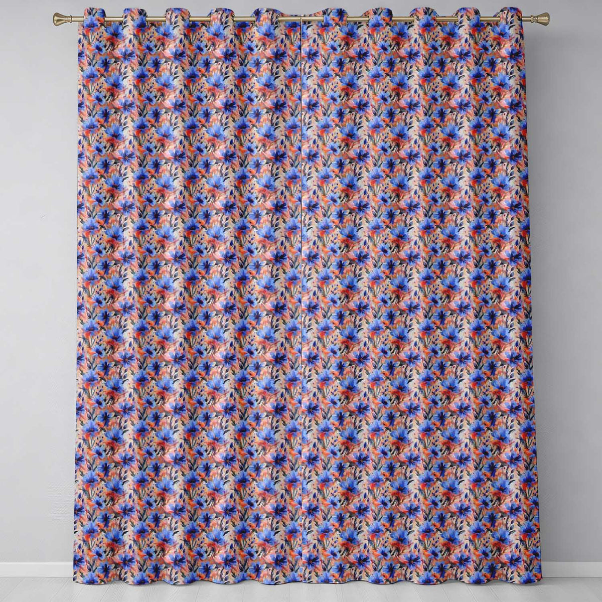 Bold Painterly Blue and Coral Flowers Seamless Pattern  Readymade Eyelet Ring Top Thermal 100% Blackout Curtains