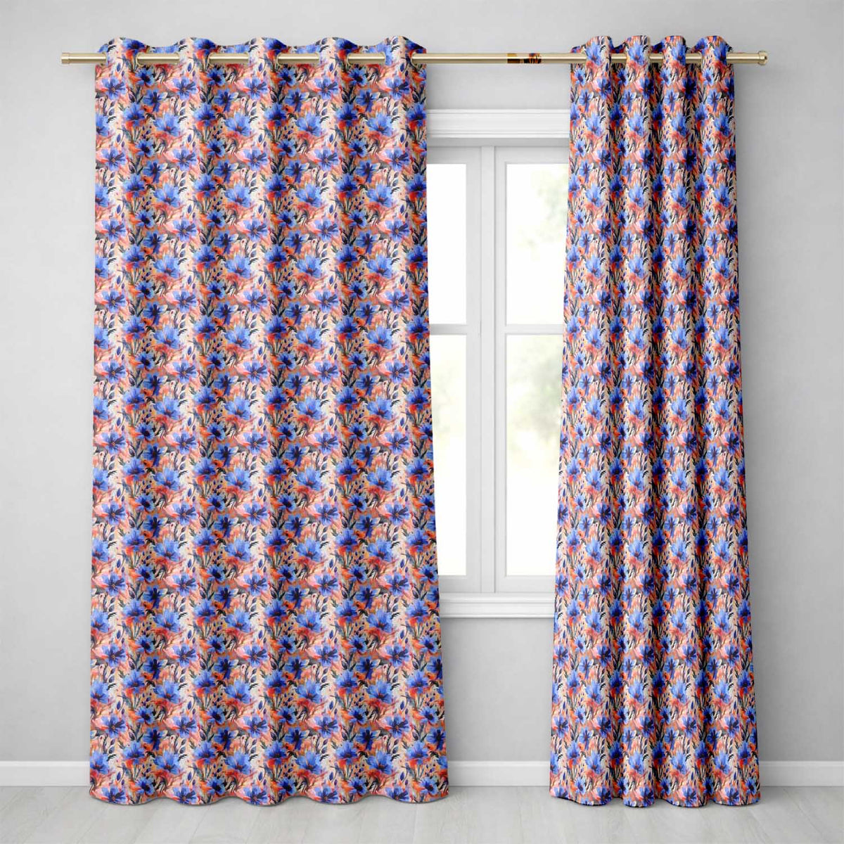 Bold Painterly Blue and Coral Flowers Seamless Pattern  Readymade Eyelet Ring Top Thermal 100% Blackout Curtains