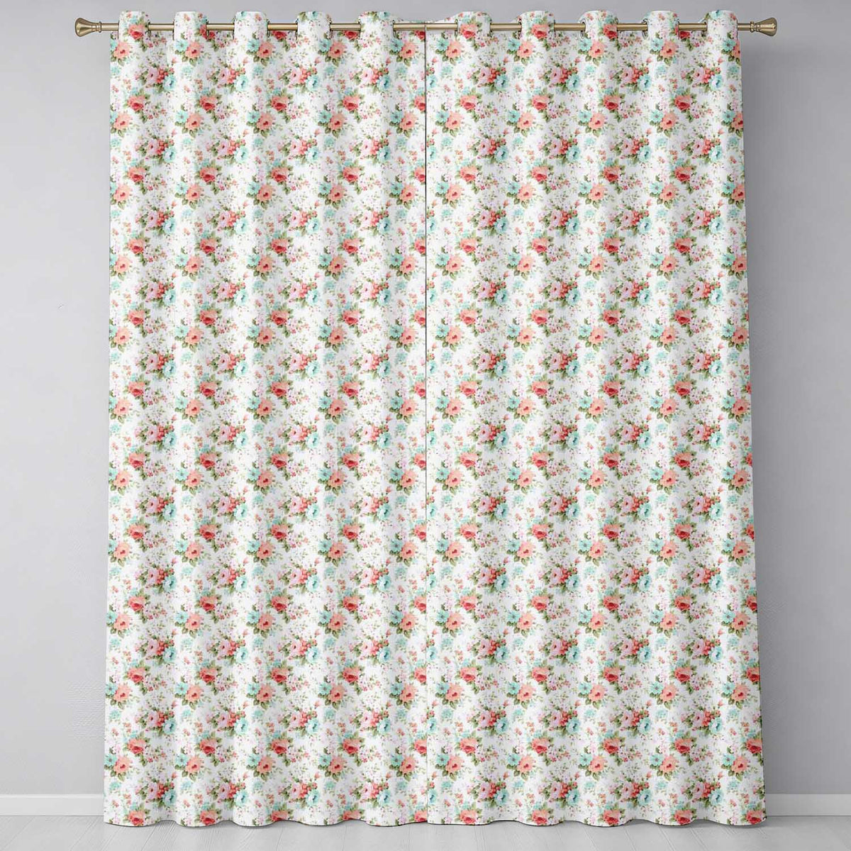 Vintage Pink and Blue Rose Bouquet Floral Seamless Pattern  Readymade Eyelet Ring Top Thermal 100% Blackout Curtains