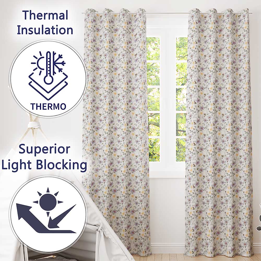 Soft Lilac and Yellow Wildflowers Seamless Pattern  Readymade Eyelet Ring Top Thermal 100% Blackout Curtains
