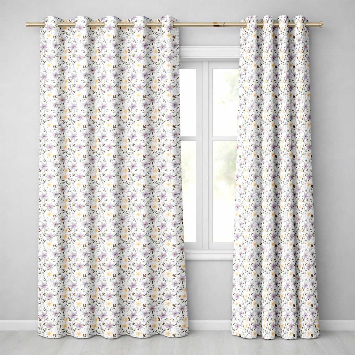 Soft Lilac and Yellow Wildflowers Seamless Pattern  Readymade Eyelet Ring Top Thermal 100% Blackout Curtains