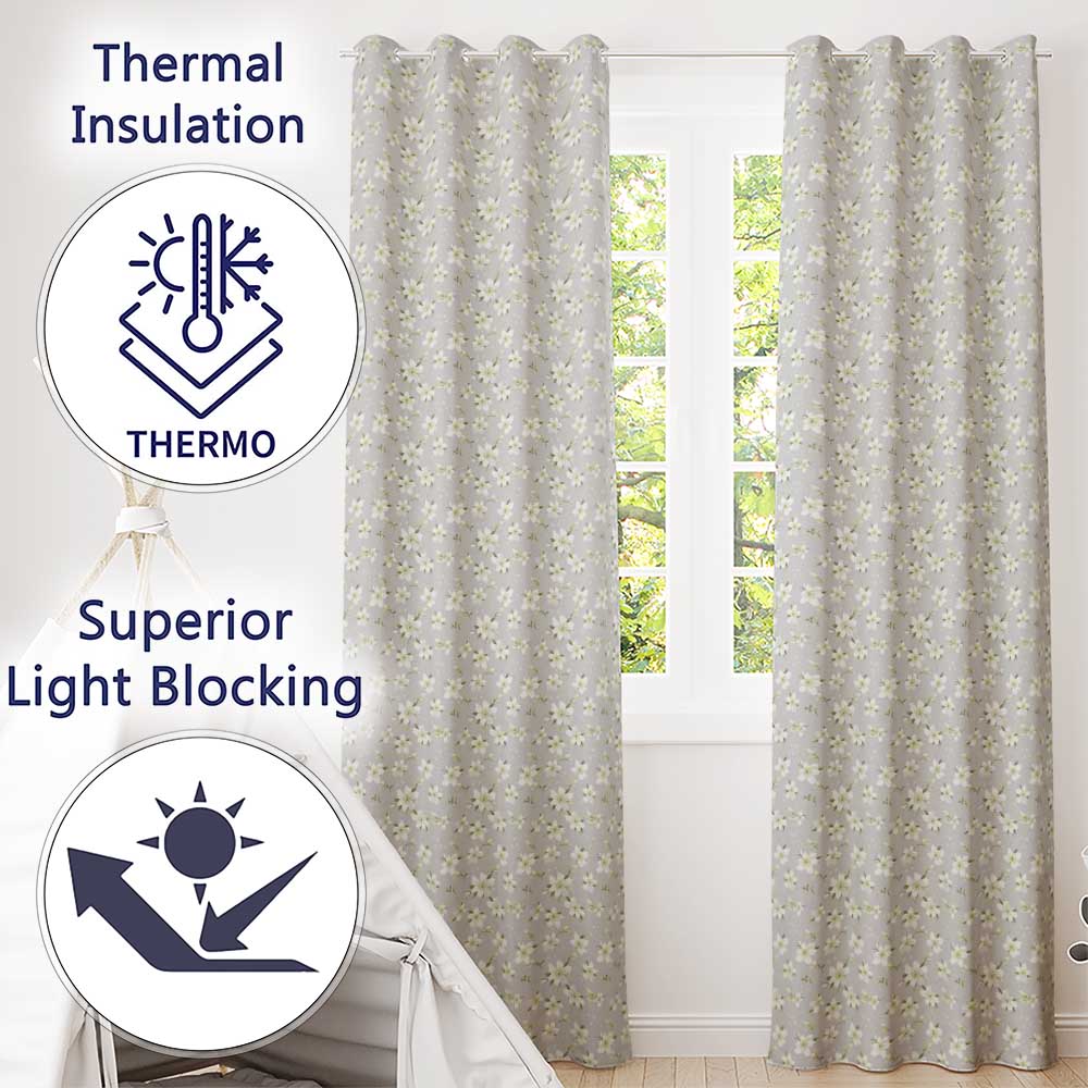 Delicate White Blossom Flowers on Soft Blue Seamless Pattern  Readymade Eyelet Ring Top Thermal 100% Blackout Curtains