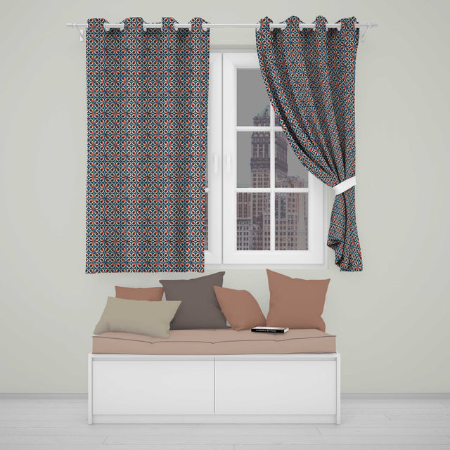 Geometric Floral Tile in Coral and Navy Seamless Pattern  Readymade Eyelet Ring Top Thermal 100% Blackout Curtains